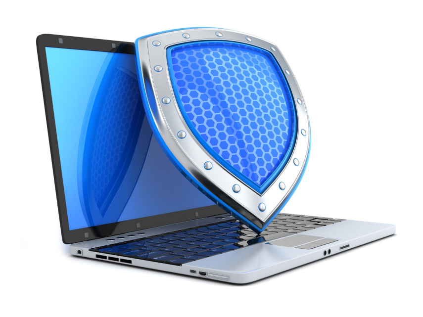Shield antivirus and laptop, abstract (done in 3d)