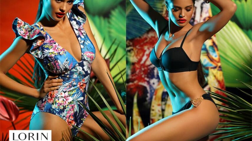 Kolaż 2 zdjęć  kobietami w modnych strojach plażowych na tle tropikalnej roślinności