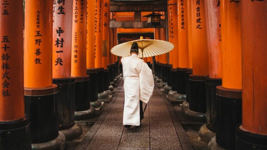 W alejce w japońskim budynku z kolumnami widoczna od tyłu sylwetka osoby w japońskim kimonie z japońskim parasolem w ręce