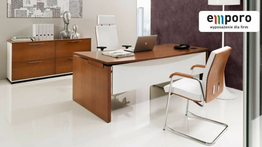 Ergonomiczne drewniane eleganckie meble do biura w jasno urządzonym gabinecie