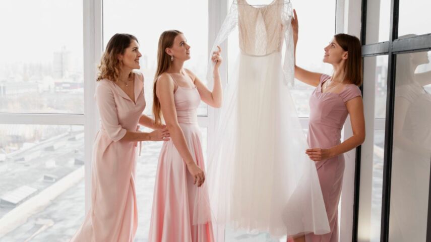 Trzy kobiety oglądają sukienkę na wesele wybierając jej kolor