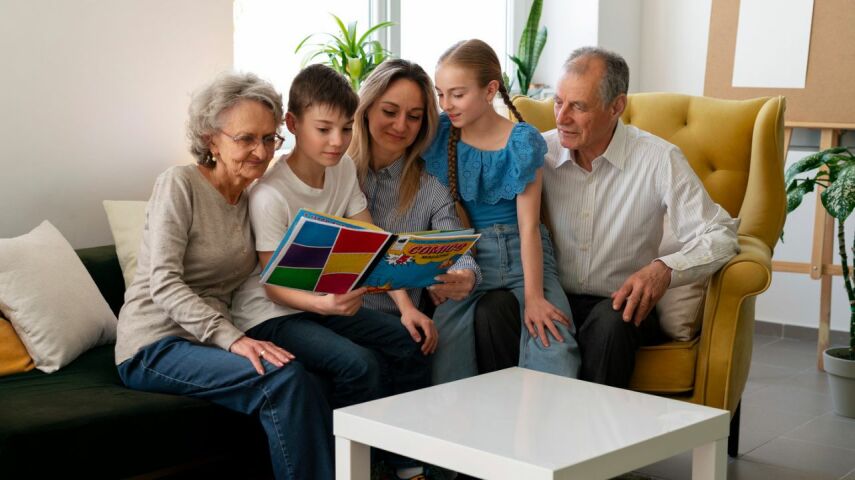 Rodzina na sofie czytająca razem komiksy